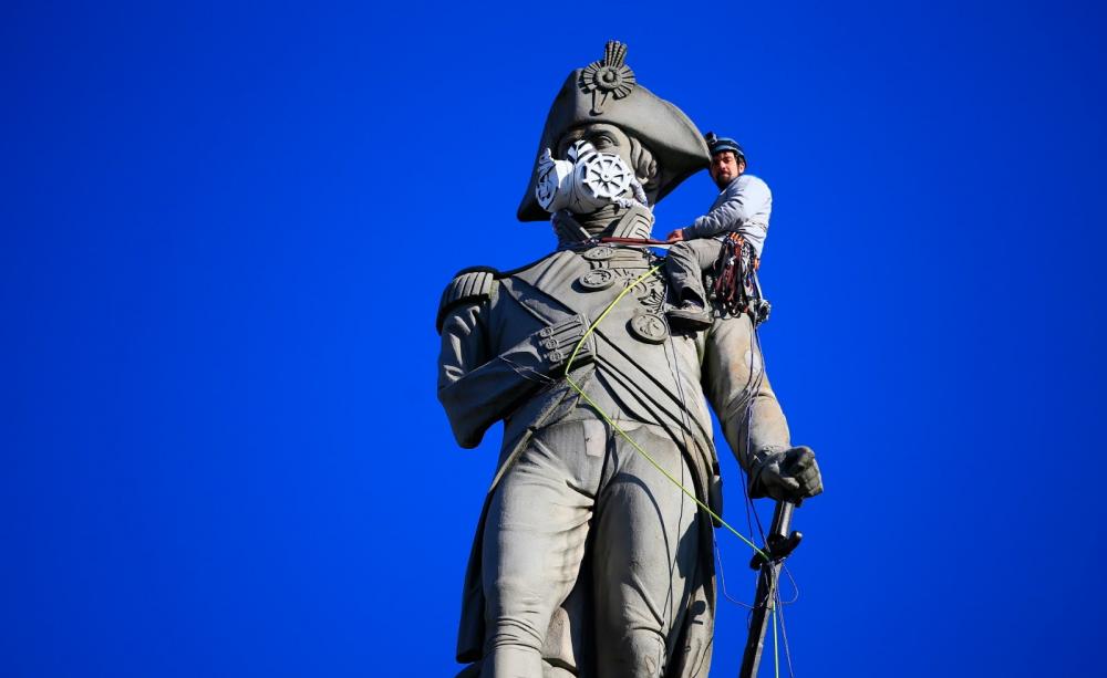 Mask on Nelson in Trafalgar Square