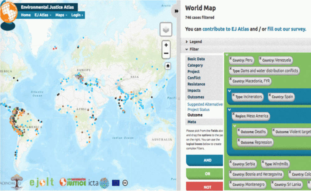 Cases of environmental conflicts covered as displayed using the EJATLAs filter tool (see ejatlas.org)