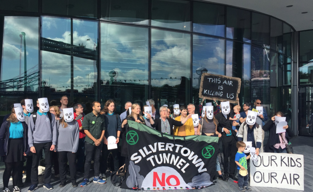 silver town tunnel protesters outside City Hall