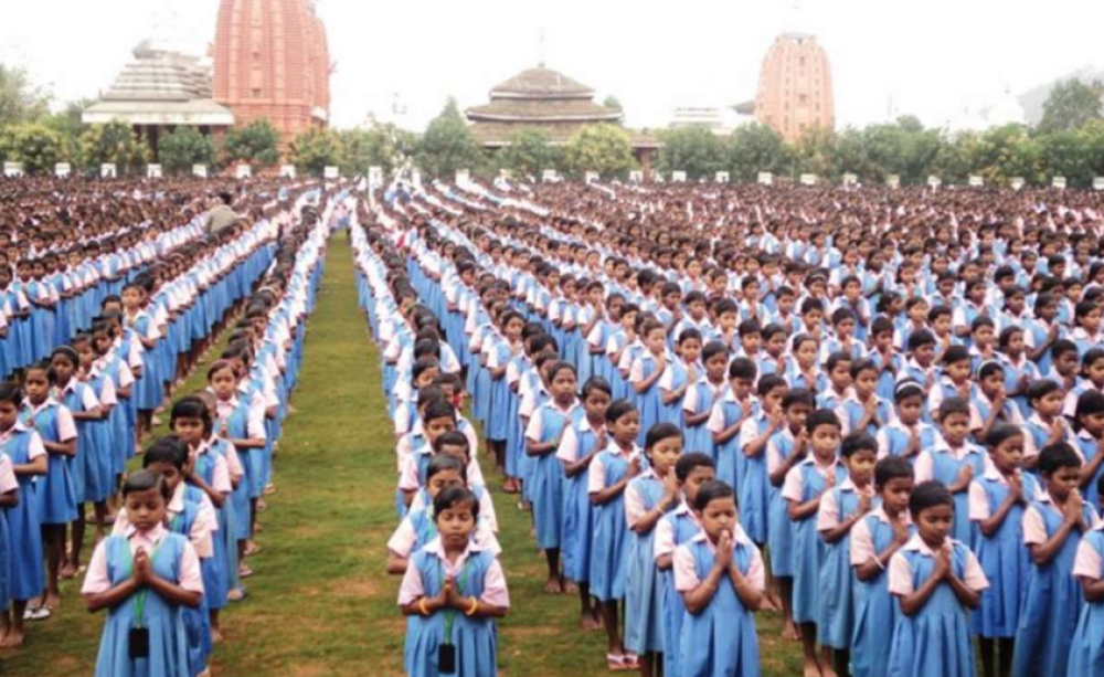 Tribal children assemble at Kalinga Institute of Social Sciences (KISS)