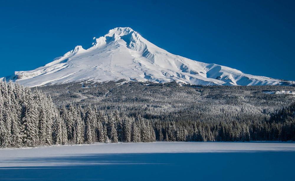 These trees may not last much longer. View of Mount Hood across a frozen Lake Trillium, Mount Hood National Forest. Photo: Karl Johnson via Flickr.com.