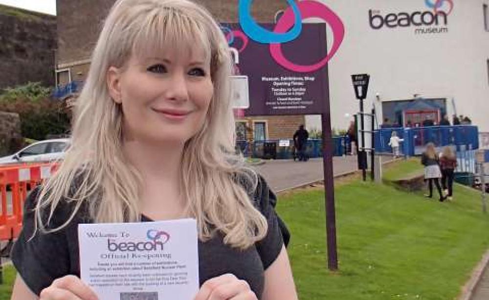 Greeting visitors to The Sellafield Story, a Radiation Free Lakeland activist offers leaflets setting out a dramatically different narrative. Photo: RFL.