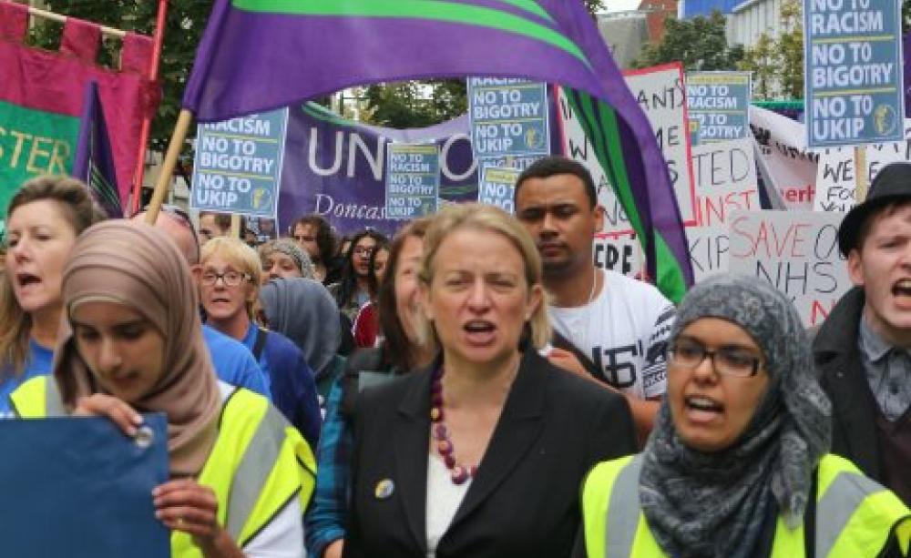 Natalie Bennett, leader of the Green Party of England &amp; Wales, on a 'Stand up to UKIP' march in Doncaster, 27th September 2014. Photo: Steve Eason via Flickr.