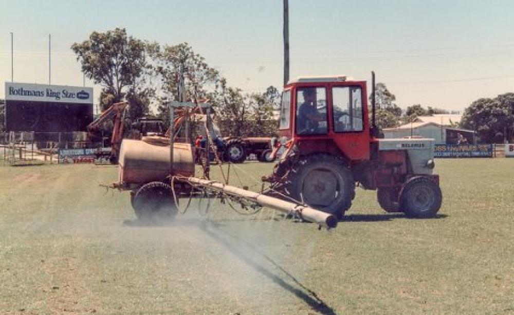 Lorsban is sprayed on a soccer pitch to control grubs, 1987. Photo: srv007 via Flickr.