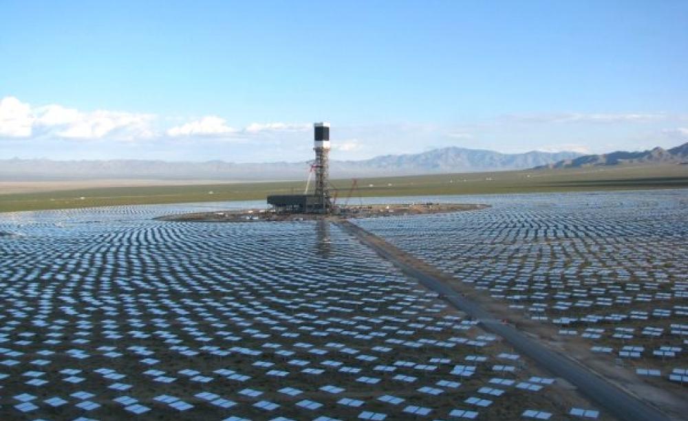 One of three solar towers at the Ivanpah CSP plant on the Nevada-California border.