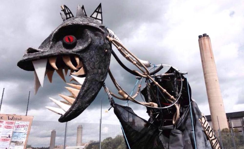 'Cuadzilla' out for a wander on 1st June 2015 at #ReclaimThePower day of actions against dirty fossil fuel companies. Photo: via Frack Free Lancashire.
