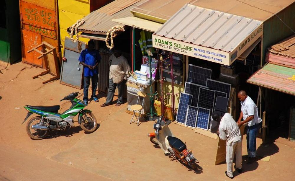 The small scale solar sector is also taking off around the tropics, as at this shop for solar cell panels in Ouagadougou, Burkina Faso. Photo: Wegmann via Wikimedia Commons (CC BY-SA).