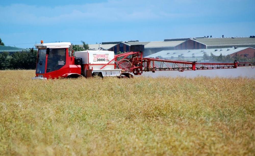 A pre-harvest spray, probably of a glyphosate-based weed-killer, is applied to an oilseed rape (canola) crop in Occold, Norfolk. Photo: Tim Parkinson via Flickr (CC BY).