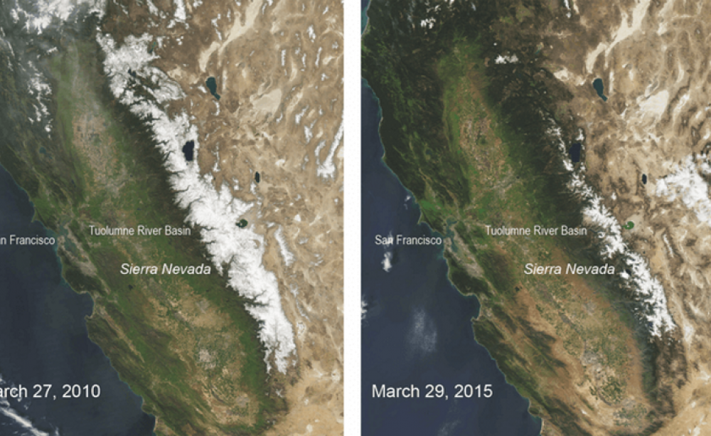 Comparison of Sierra Nevada snowpack in 2015 v 2010. Photo: NASA / MODIS.