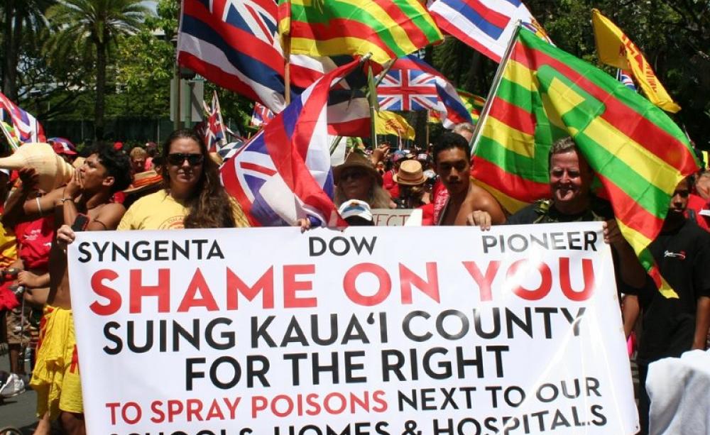 After four separate attempts to rein in the biotech companies failed, an estimated 10,000 people marched through Honolulu’s Waikiki tourist district. Photo: Christopher Pala.