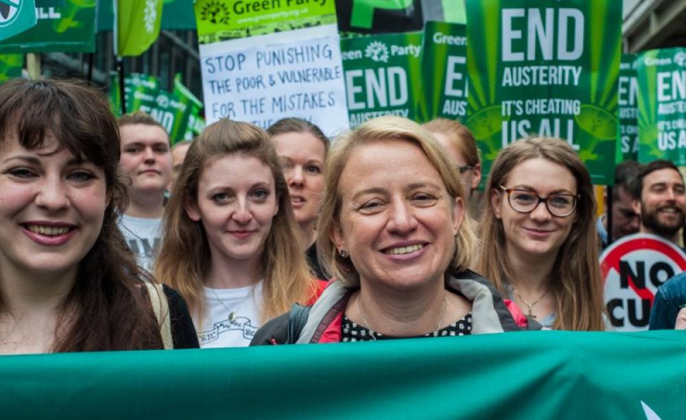 Natalie Bennett with the Green Party section at the March Against Austerity, London, 22nd June 2015. Photo: Jas&amp;#xEF;&amp;#xA3;&amp;#xBF;n via Flickr (CC BY-NC).