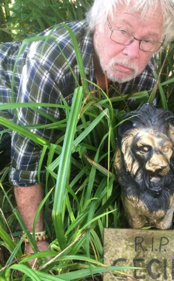Bill Oddie in his front garden with 'Cecil' - named after Cecil the Lion, shot by a licenced hunter from the US in Zimbabwe on 1st July 2015.