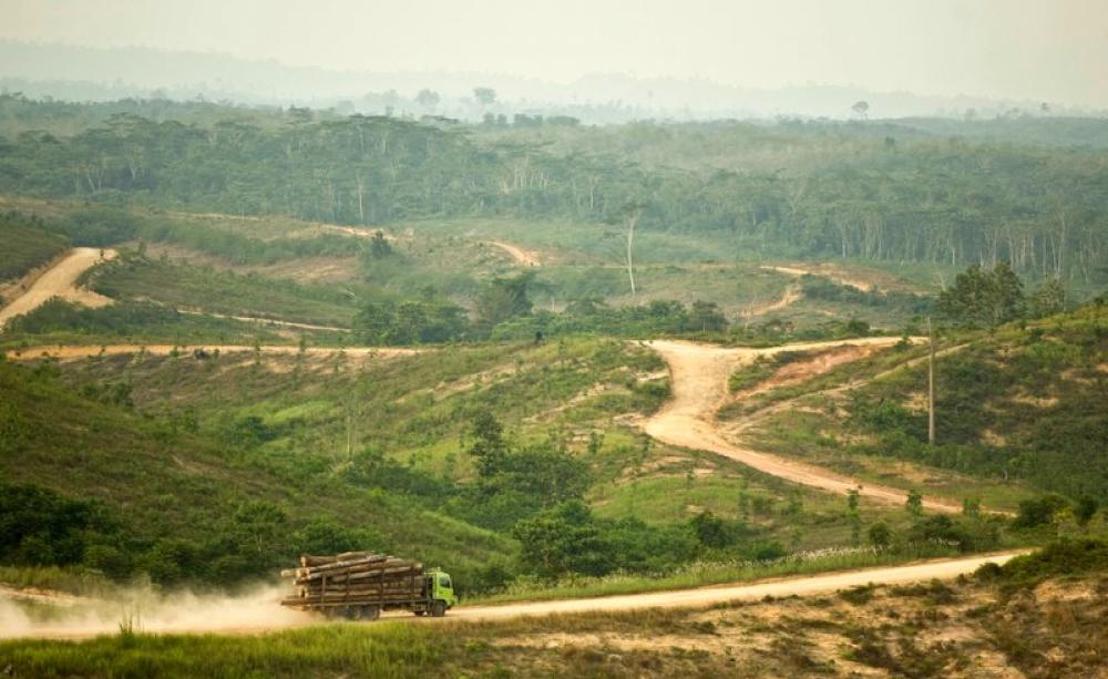 A logging truck in Asia Pulp and Paper's PT Wira Karya Sakti pulpwood forest license. Jambi Province, Sumatra, Indonesia, in 2005. Now APP is financing forest restoration through the Belantara Foundation. Photo: Rainforest Action Network via Flickr (CC BY