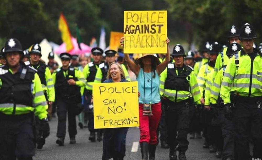 No, that's not Theresa May leading this 'police against fracking' demo, it's veteran anti-fracking campaigner Tina Rothery. Photo: Rev'd Peter Doodes via Fracking Hell (UK) on Facebook