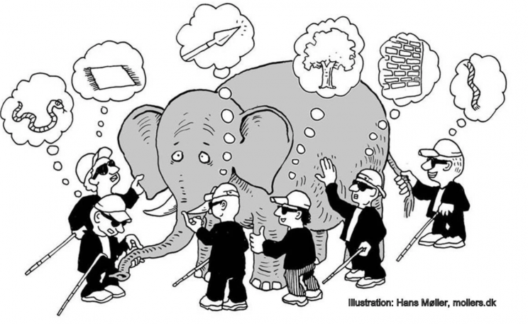 Cartoon of the Sufi fable of the six blind men and an elephant