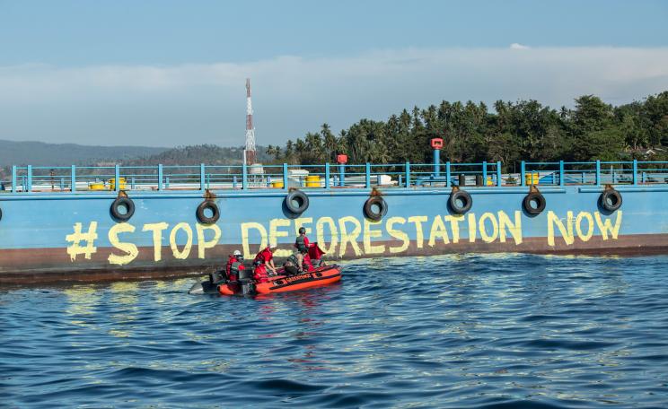 Greenpeace activists paint "Stop Deforestation Now" onto the hull of a  tanker at the Wilmar International refinery in Bitung, North Sulawesi.
