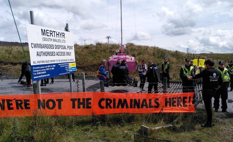 Extinction Rebellion protesters and their pink boat blockade the Ffos-y-Fran mine, June 2023