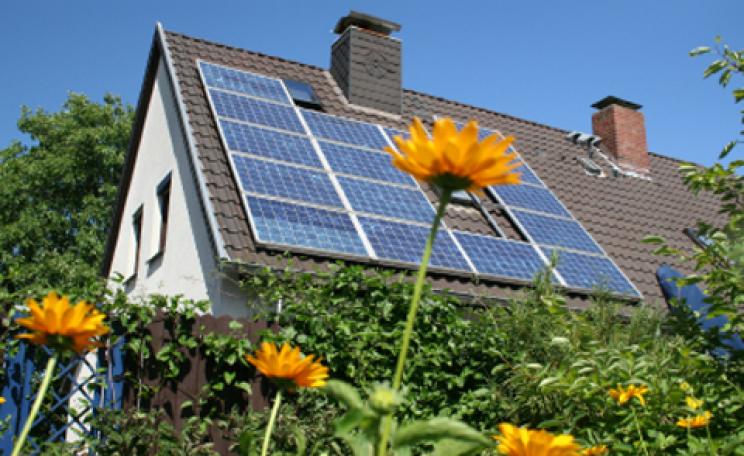 solar panels on roof, sunflowers in foreground