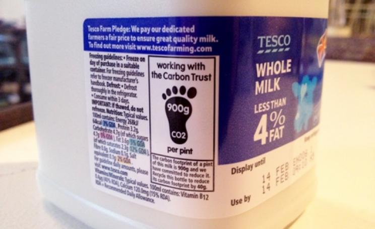 Carton of Tesco milk with Carbon Reduction Label