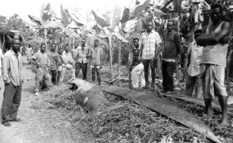 Ogoni villagers survey destroyed canoes at Kaa, 5th January 1994. Photo: Sr. Majella McCarron, NUI Maynooth Ken Saro-Wiwa archive.