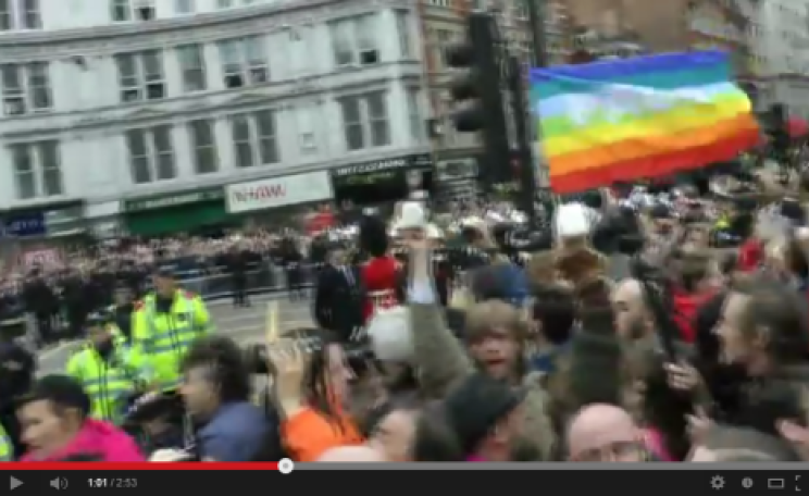The 'Turn your back on Thatcher' protest at Ludgate circus, as Mrs Thatcher's coffin approached. Photo: from video by thegoldengirlk8: www.youtube.com/watch?v=nDW3mXrz44M