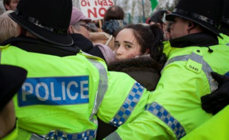 Saffron, a 15 year old schoolgirl from Cadishead, arrested by Greater Manchester Police at the Barton Moss drilling site last weekend. Photo: SalfordStar.com.