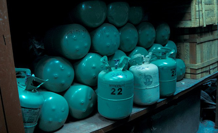 A seizure of canisters of CFCs and HCFCs labelled as CFC-12 and CFC-22. Photo: EIA.