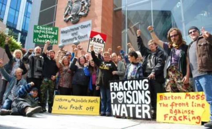 Barton Moss anti-fracking protestors outside Manchester Court, where cases have recently collapsed against five protestors. Photo: Climate James / SalfordStar.com.