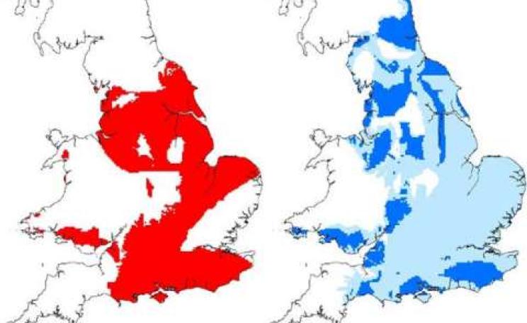 Left: Potential shale gas / oil source rocks in England and Wales. Right: principal aquifers in England and Wales (dark blue), aquifers shallower than 400 m (pale blue). Image: BGS.