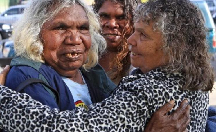 Muckaty traditional owners Doris Kelly, Gladys Brown and Elaine Peckham celebrate victory in their battle to stop the imposition of a nuclear waste dump. Photo via Friends of the Earth Australia.