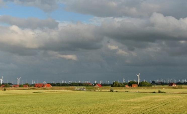 Landscape with hundreds of wind turbines close to the North Sea in Ostfriesland, Germany.