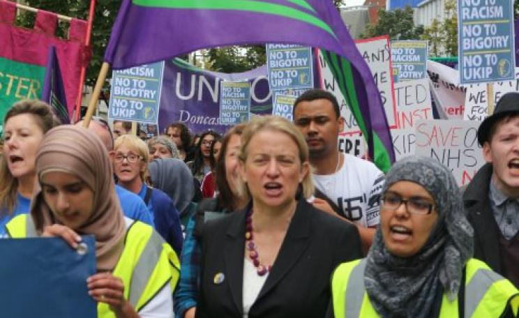 Natalie Bennett, leader of the Green Party of England & Wales, on a 'Stand up to UKIP' march in Doncaster, 27th September 2014. Photo: Steve Eason via Flickr.