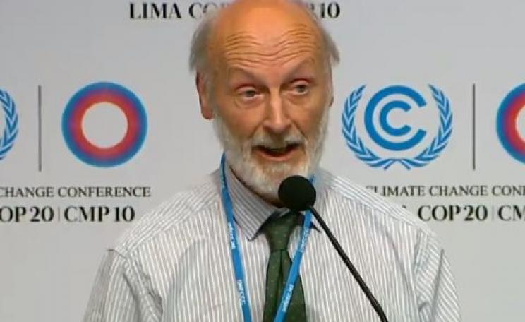 John Nissen speaking at AMEG's COP20 press conference. Photo: still from video on unfccc6.meta-fusion.com/ .