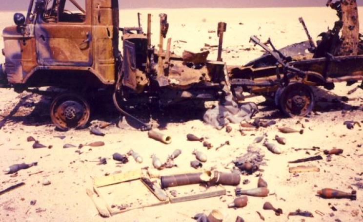 A toxic trail of chemical pollution and uranium ash from DU munitions: the infamous 'Highway of Death' from Kuwait across the Iraqi desert in Gulf War 1, in 1991. Photo: Bryan Dorrough via Flickr (CC BY).