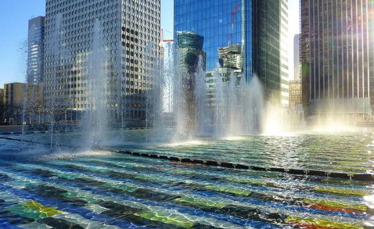 Paris-based Veolia and Suez are aggressive global companies running public water supply in cities around the world. But water in Paris itself (see here at La Defense) has been taken back under municipal control and ownership. Photo:  jean-marc via Flickr
