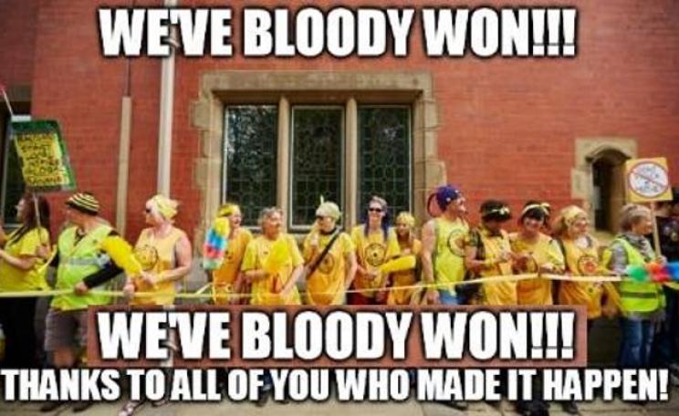 'We've bloody won!' Image via Frack Free Lancashire / Facebook.