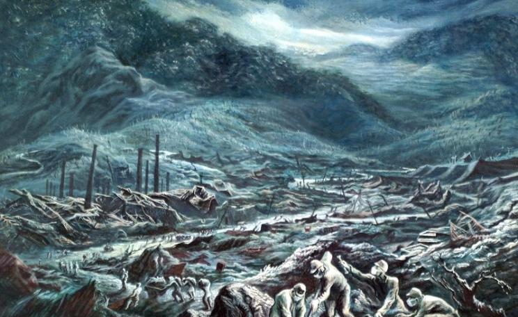 After the bomb: retrieving the dead of Nagasaki, August 1945. Painting by US Army, posted on Flickr by James Vaughan (CC BY-NC-SA).