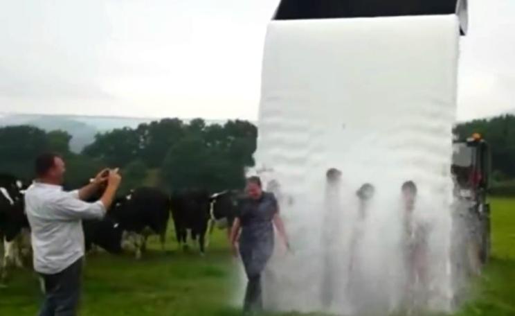 Farmers take part in 'Milk Bucket Challenge' amid dairy crisis, 18th August 2015. Photo: still from video by The Vale Veterinary Group.