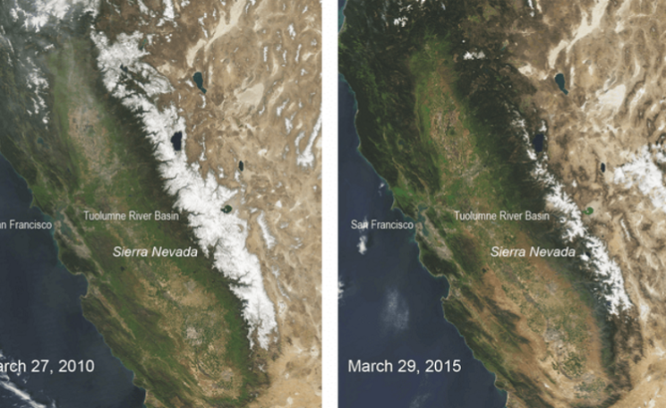 Comparison of Sierra Nevada snowpack in 2015 v 2010. Photo: NASA / MODIS.