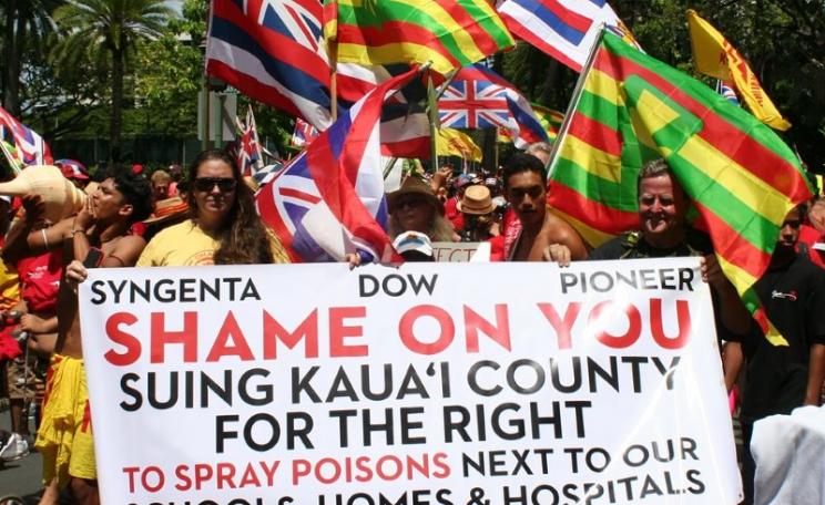 After four separate attempts to rein in the biotech companies failed, an estimated 10,000 people marched through Honolulu’s Waikiki tourist district. Photo: Christopher Pala.