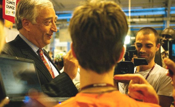 Lord Monckton attracting attention at the Copenhagen climate conference, 2009. Photo: Mat McDermott via Flickr (CC BY-NC-ND).