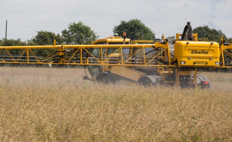 Farm machinery spraying glyphosate to oilseed rape. Photo: Chafer Machinery via Flickr (CC BY 2.0)