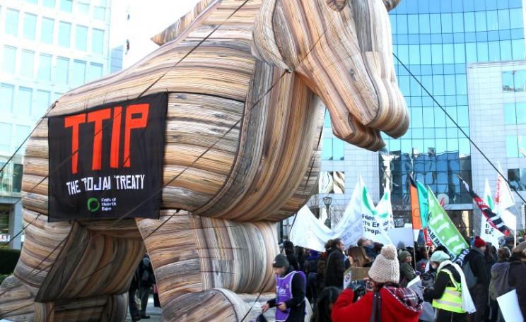 The TTIP Trojan Horse joins Green / EFA MEPs and hundreds of citizens from across Europe protesting against the Transatlantic Trade and Investment Partnership (TTIP), February 2015. Photo: greensefa via Flickr (CC BY).