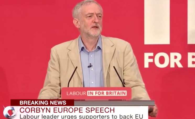 Jeremy Corbyn making his big speech on the socialist case to remain in the EU, 14th April 2016: a good start but he must do far more and engage and inspire voters with his vision of a progressive Europe. Photo: via Youtube.