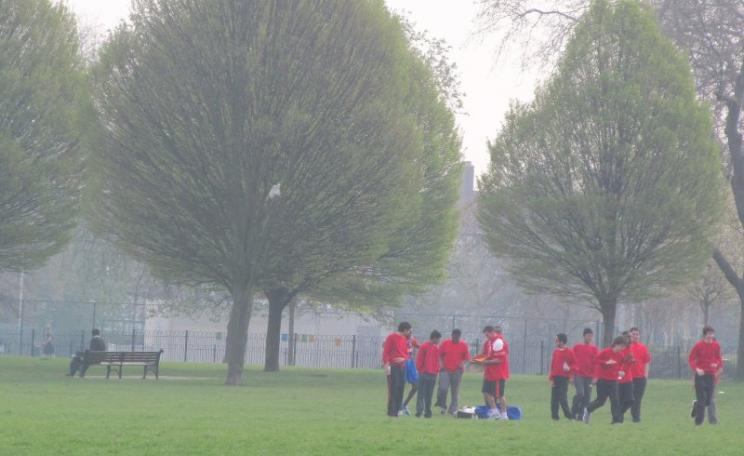 One example of the government's law-breaking that has been challenged in the courts - failing to meet EU air quality standards. Photo: Air pollution level 5 (Moderate) at Clissold Park, Hackney, London, by DAVID HOLT via Flickr (CC BY).